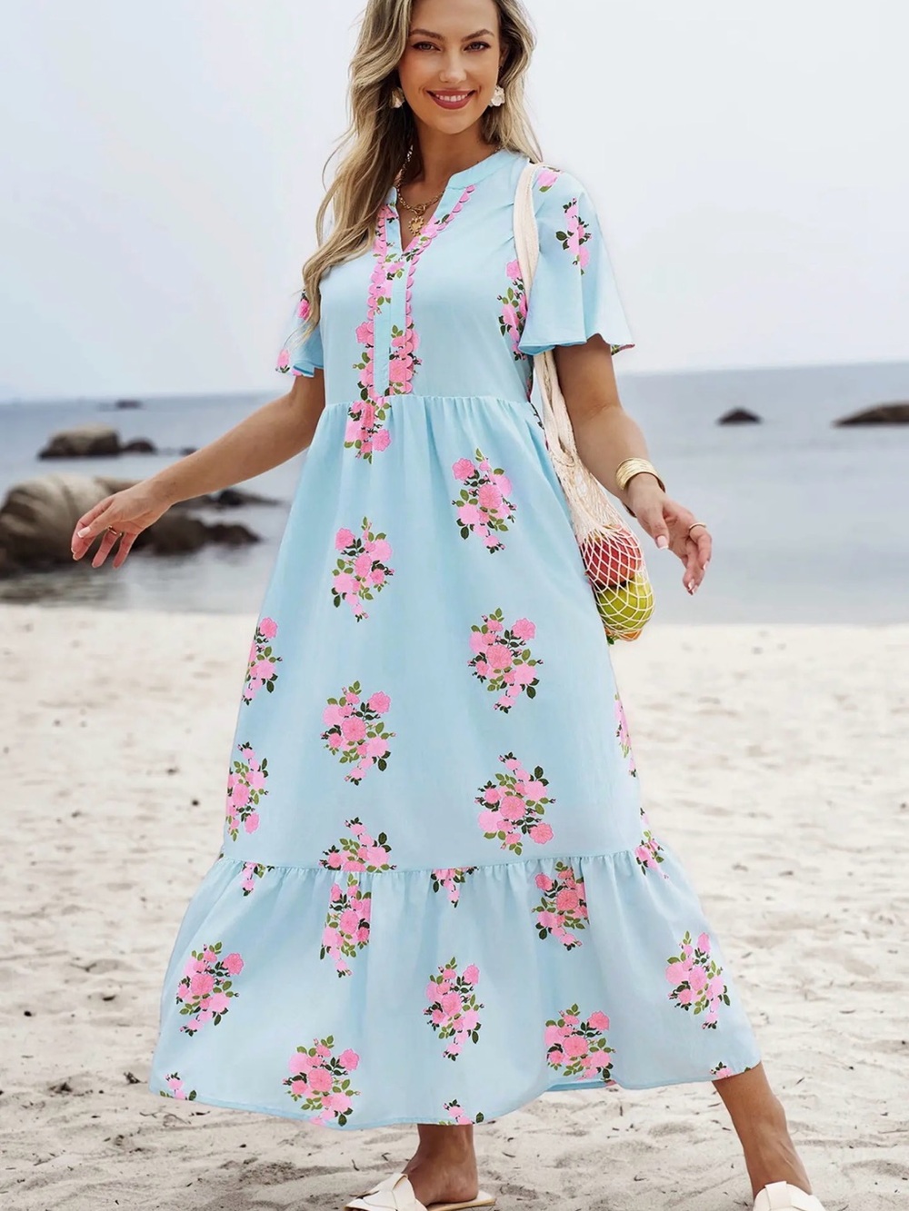 Light Blue Floral Maxi Dress with Pink Blooms